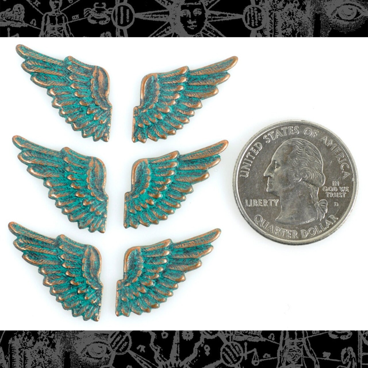 Verdigris Finished Brass Mini Wing Charms Three Sets of Two - V-C31